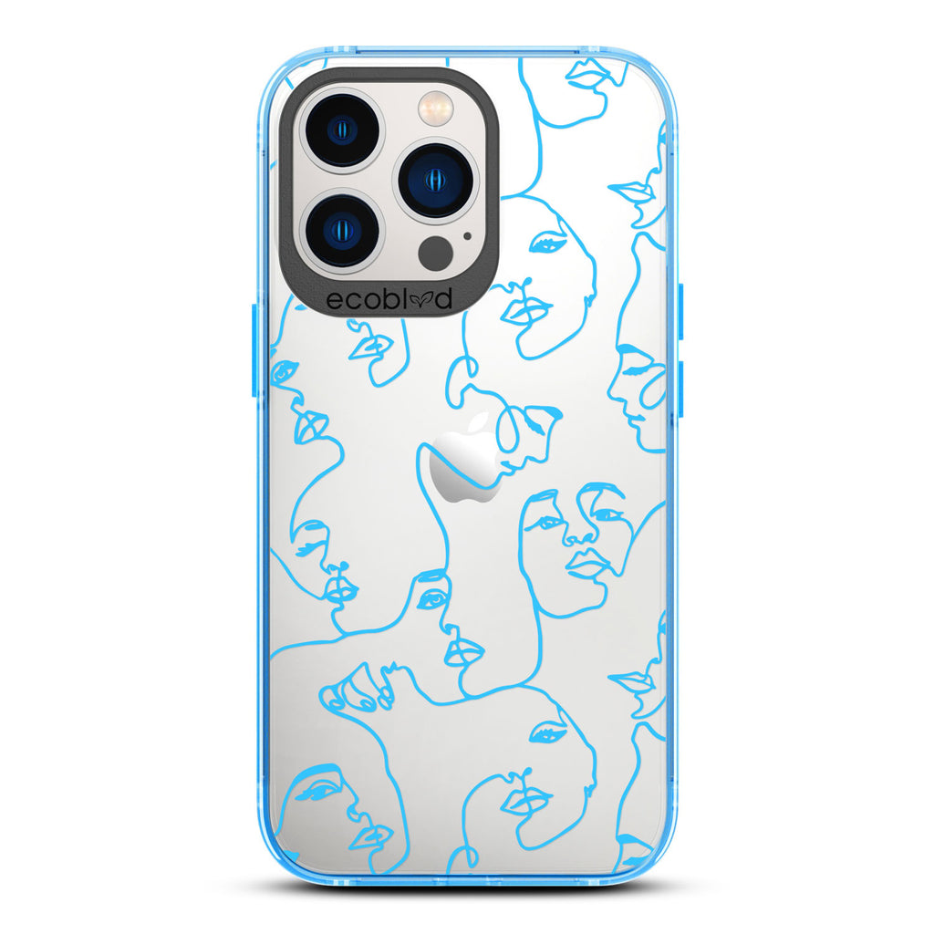 Contemporary Collection - Blue Compostable iPhone 12/13 Pro Max Case - Line Art Of A Woman's Face On A Clear Back