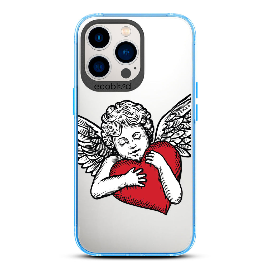 Love Collection - Blue Compostable iPhone 13 Pro Case - Black & Grey Tattoo Style Cupid Holding Red Heart On Clear Back