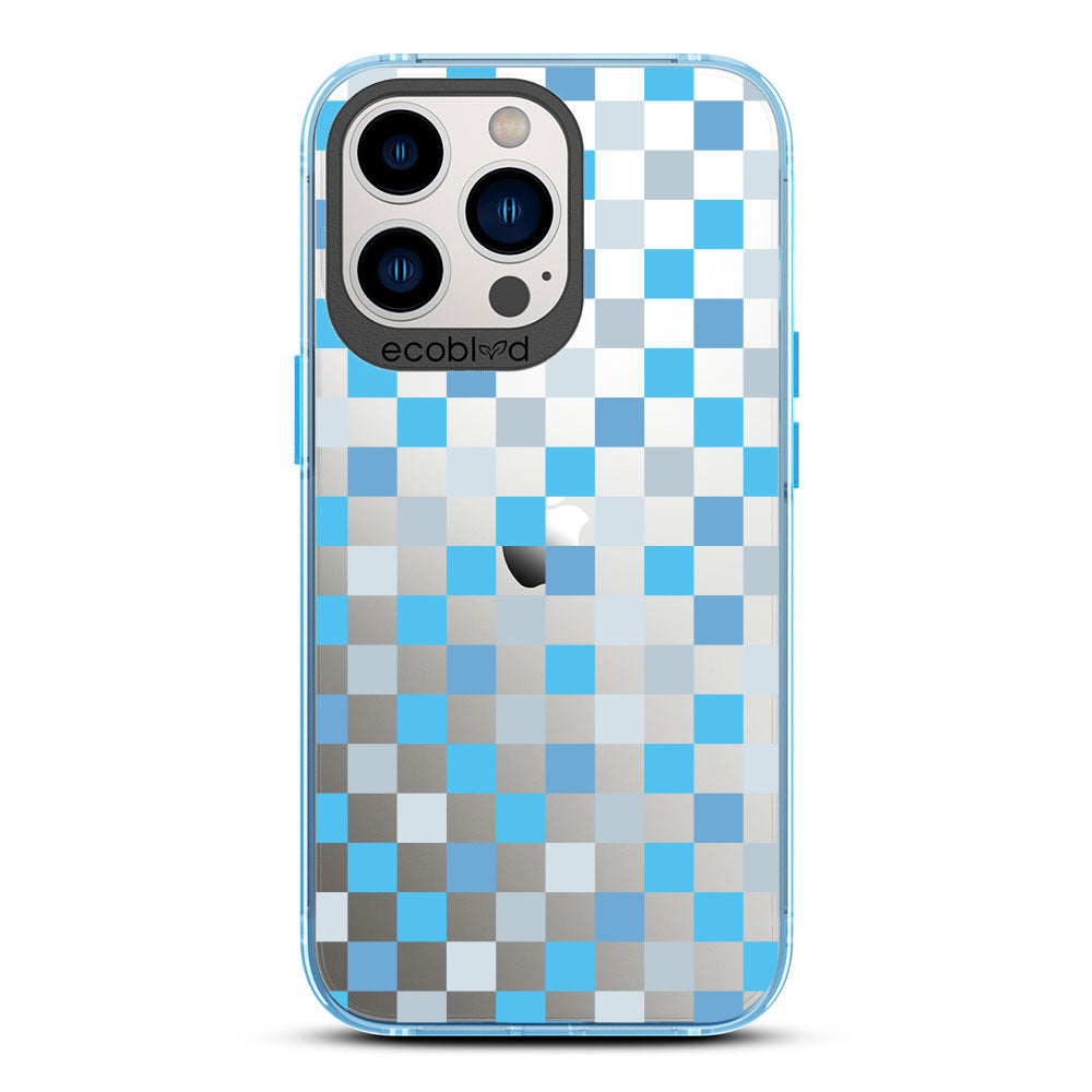 Laguna Collection - Blue Eco-Friendly iPhone 13 Pro Max / 12 Pro Max Case With A Checkered Print Pattern On A Clear Back