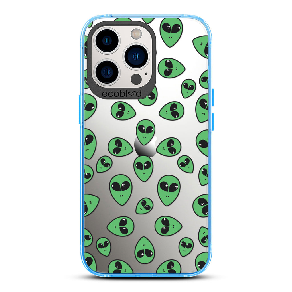 Laguna Collection - Blue Eco-Friendly iPhone 13 Pro Case With Green Cartoon Alien Heads On A Clear Back - Compostable