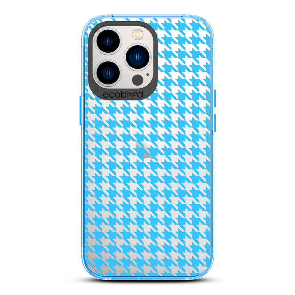 Timeless Collection - Blue Laguna Compostable iPhone 13 Pro Case With A Plaid Houndstooth Pattern On A Clear Back