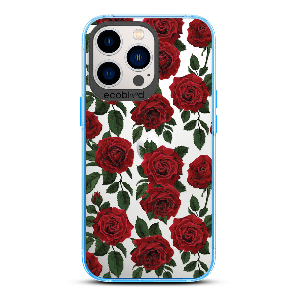 Love Collection - Blue Compostable iPhone 13 Pro Case - Red Roses & Leaves On A Clear Back