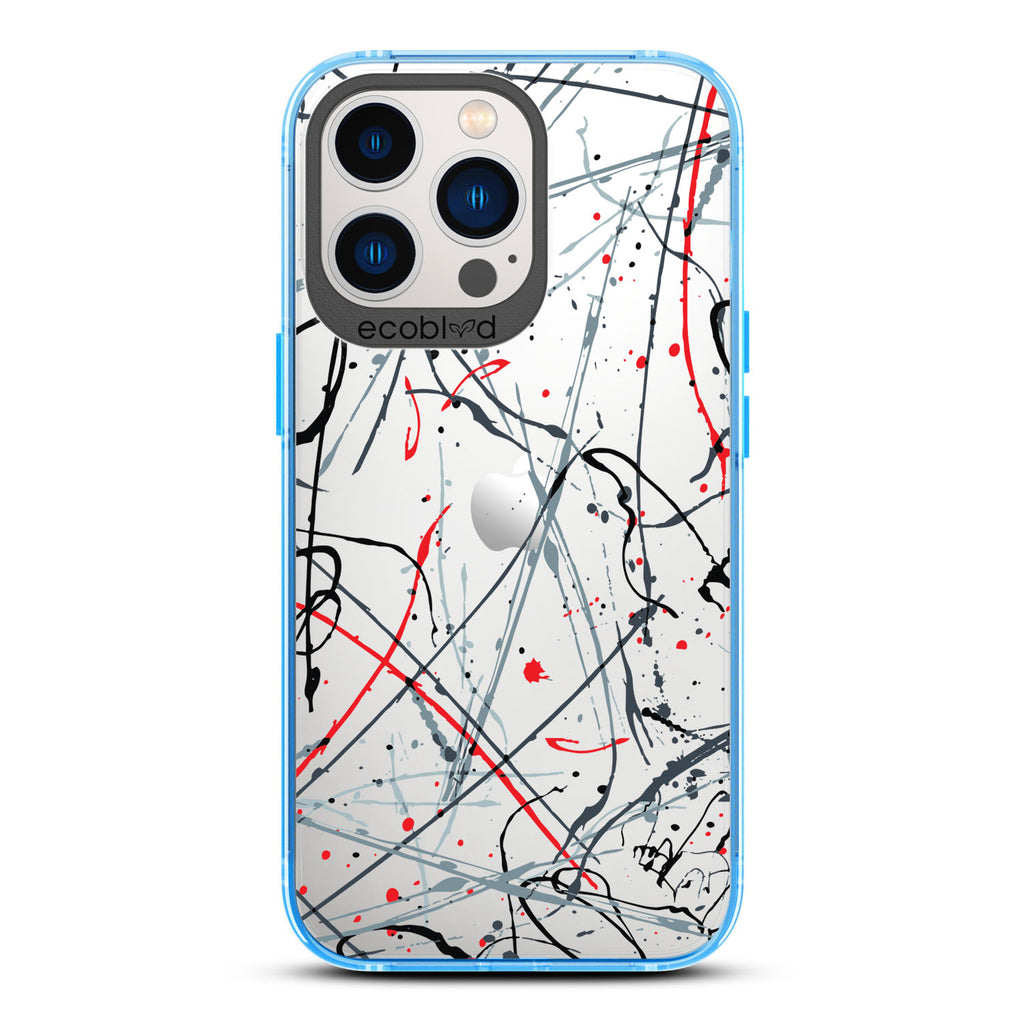 Contemporary Collection - Blue Compostable iPhone 13 Pro Case - Black & Red Paint Splatter On A Clear Back