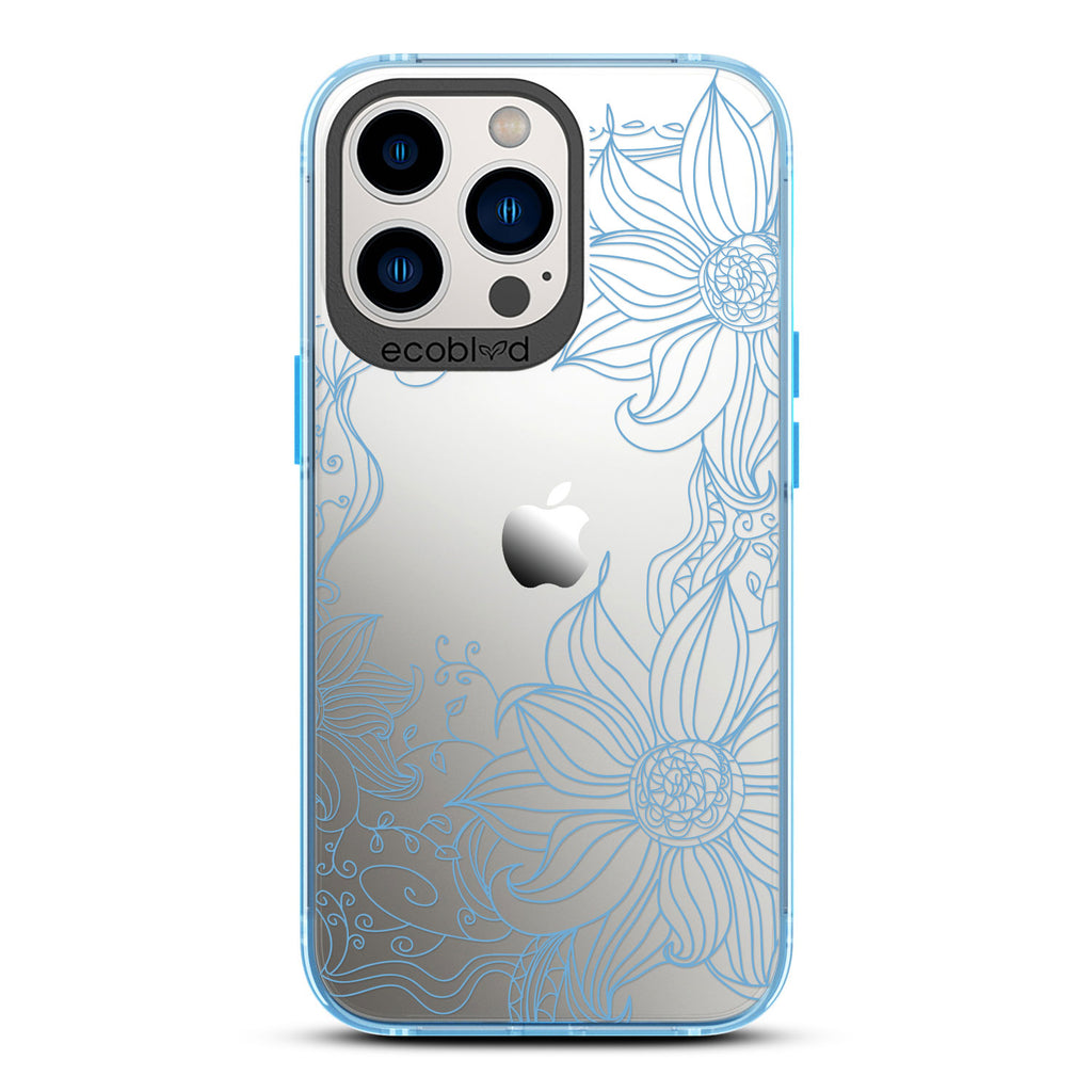 Laguna Collection - Blue Eco-Friendly iPhone 13 Pro Case With A Sunflower Stencil Line Art Design On A Clear Back