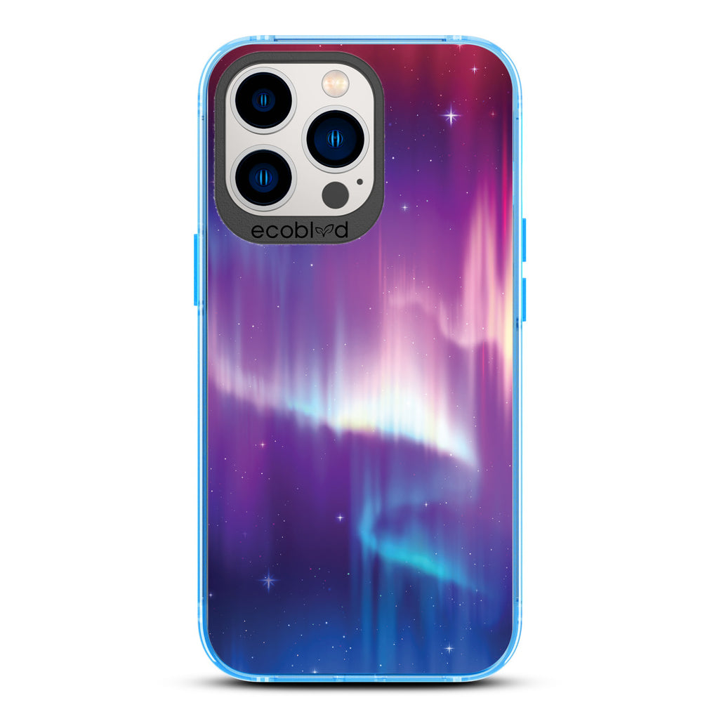 Back View Of Blue Eco-Friendly iPhone 13 Pro Clear Case With The Aurora Borealis Design & Front View Of Screen