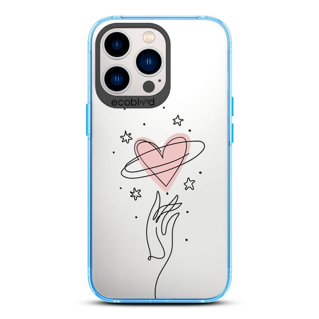 Be Still My Heart - Blue Compostable iPhone 13 Pro Case - Line Art Hand Reaching Out For Pink Heart, Stars On Clear Back