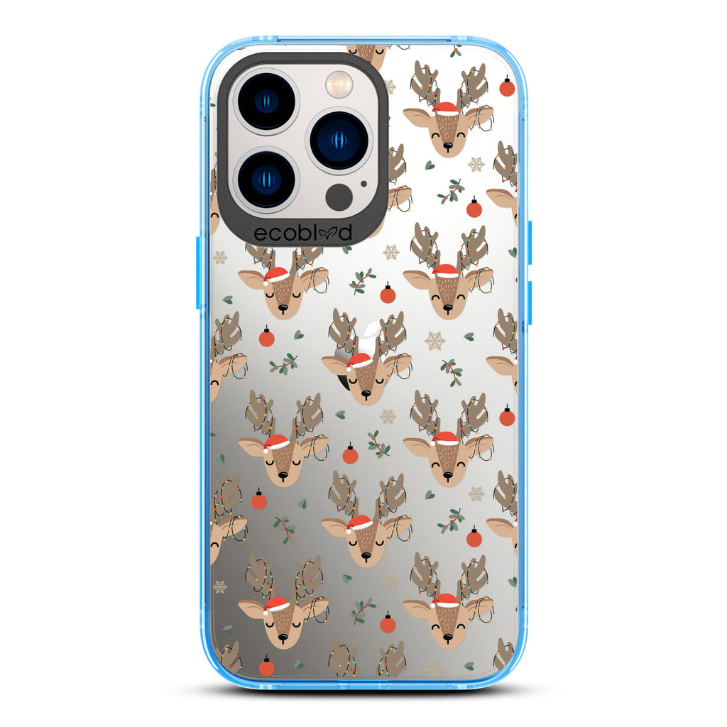 Winter Collection - Blue Laguna iPhone 13 Pro Case With Reindeer Wearing Santa Hats & Christmas Lights On A Clear Back
