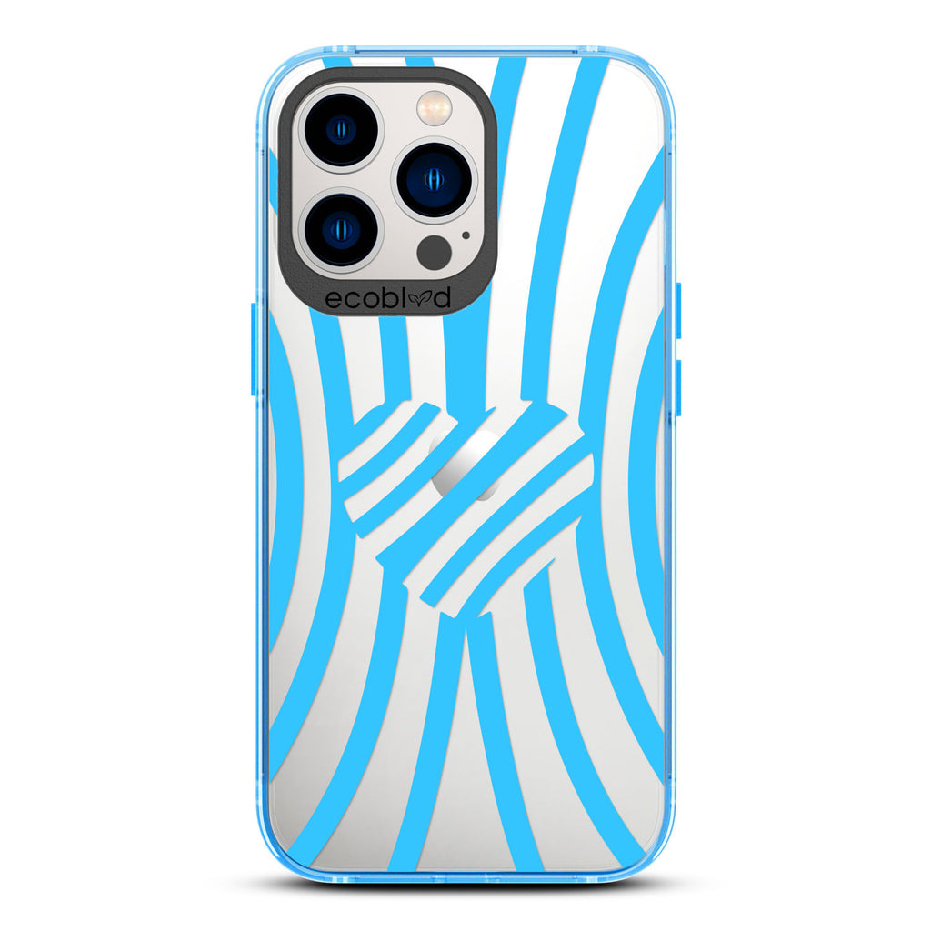 Love Collection - Blue Compostable iPhone 13 Pro Case - Blue Zebra Stripes & A Heart In The Center On A Clear Back