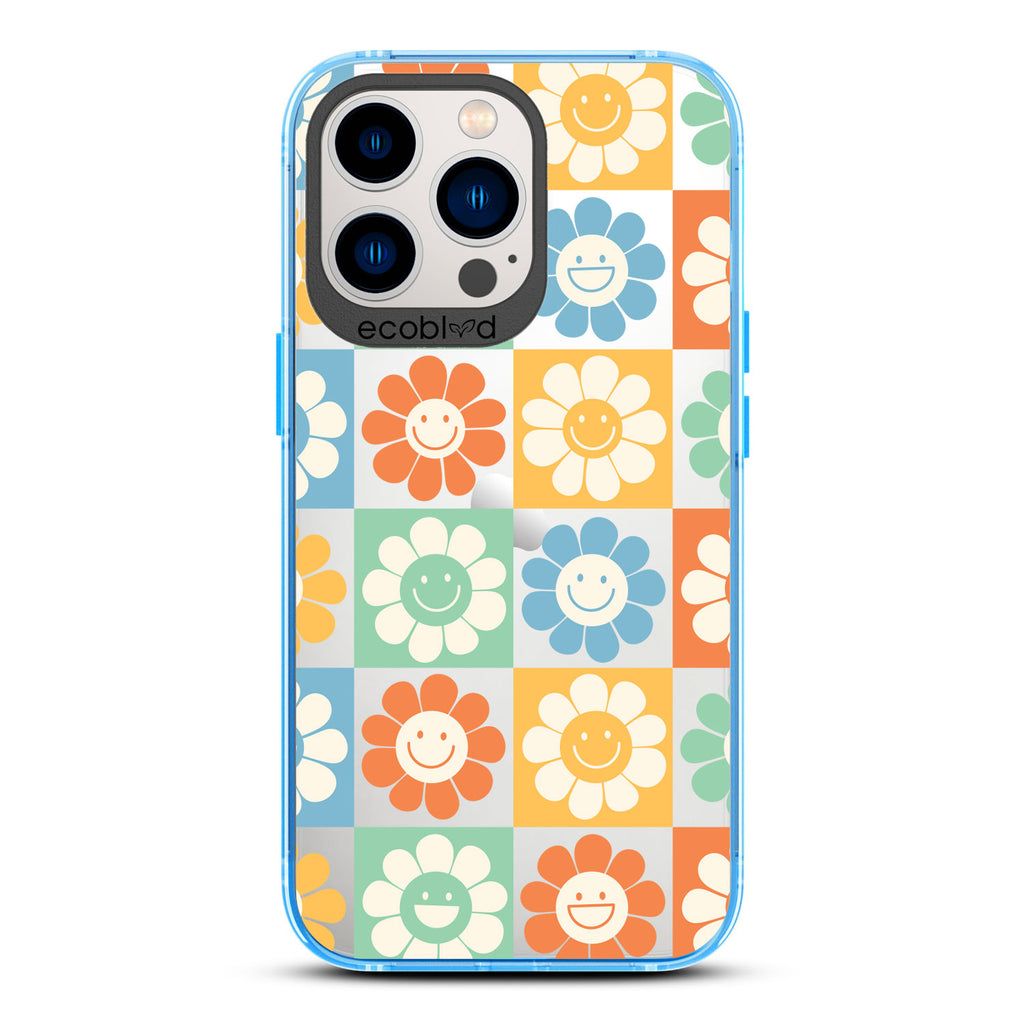 Spring Collection - Blue Compostable iPhone 13 Pro Case - 70's Gingham Cartoon Flowers W/ Smiley Faces On A Clear Back