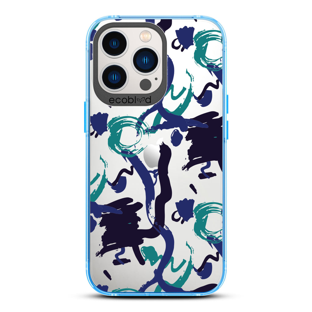 Contemporary Collection - Blue Compostable iPhone 13 Pro Case - Blue, Black, Teal Abstract Paint Swirl On A Clear Back