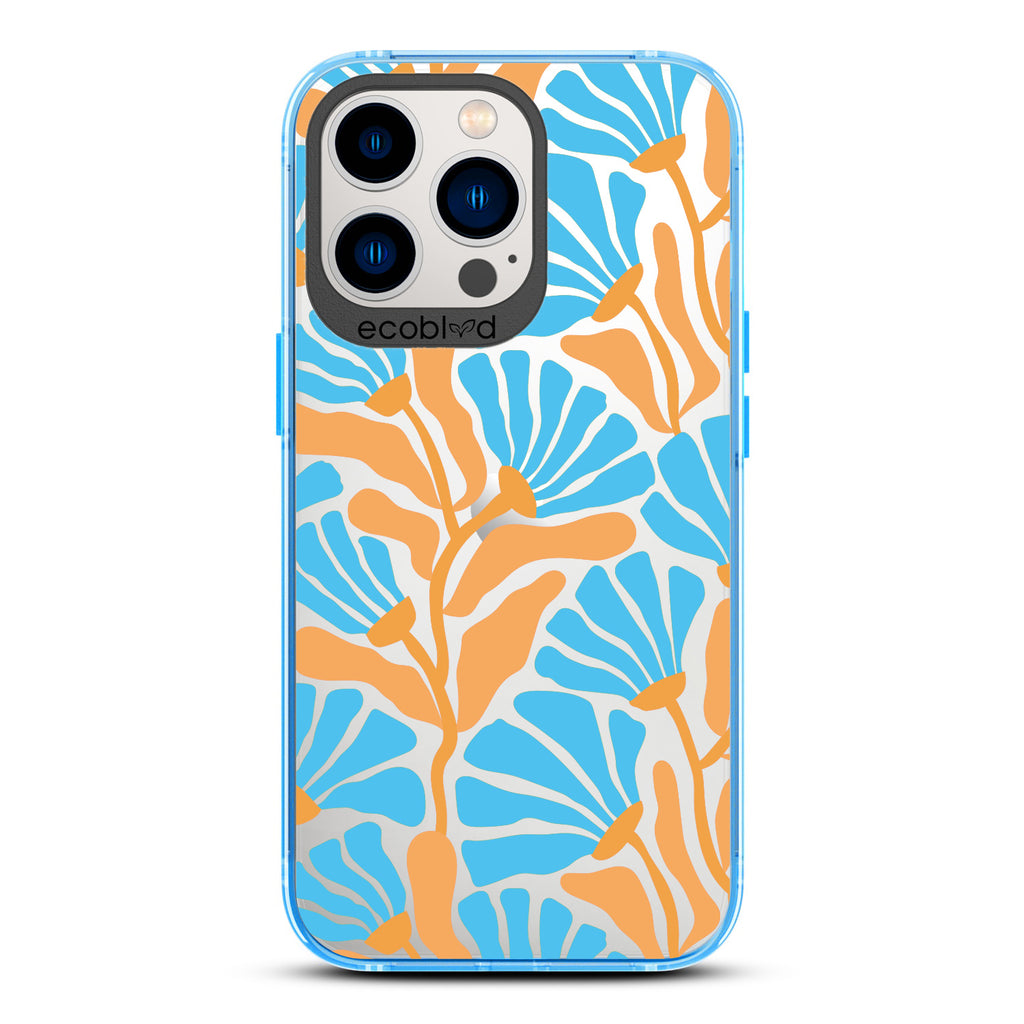 Spring Collection - Blue Compostable iPhone 12/13 Pro Max Case - Tropical Flowers With Tan Base & Blue Petals On A Clear Back