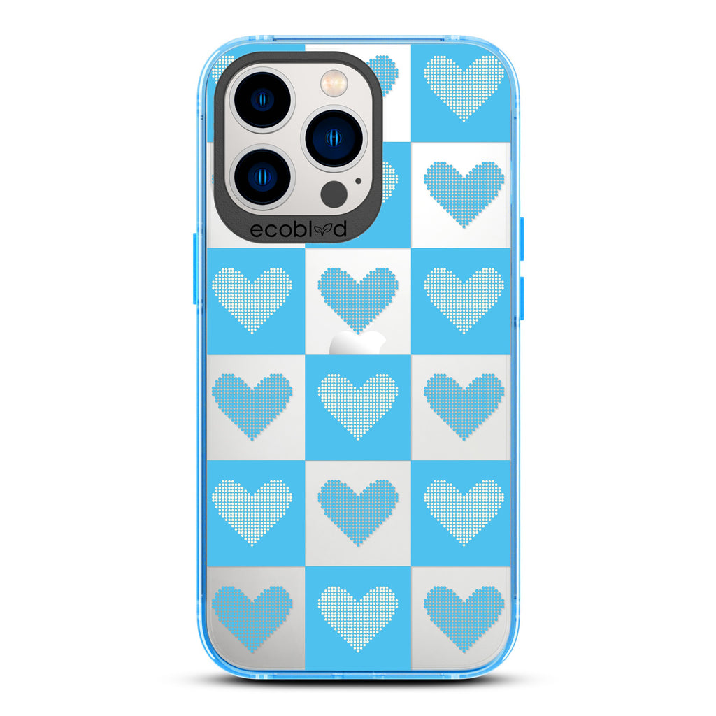 Love Collection - Blue Compostable iPhone 13 Pro Case - Blue Checkered Print With Knitted Hearts On A Clear Back