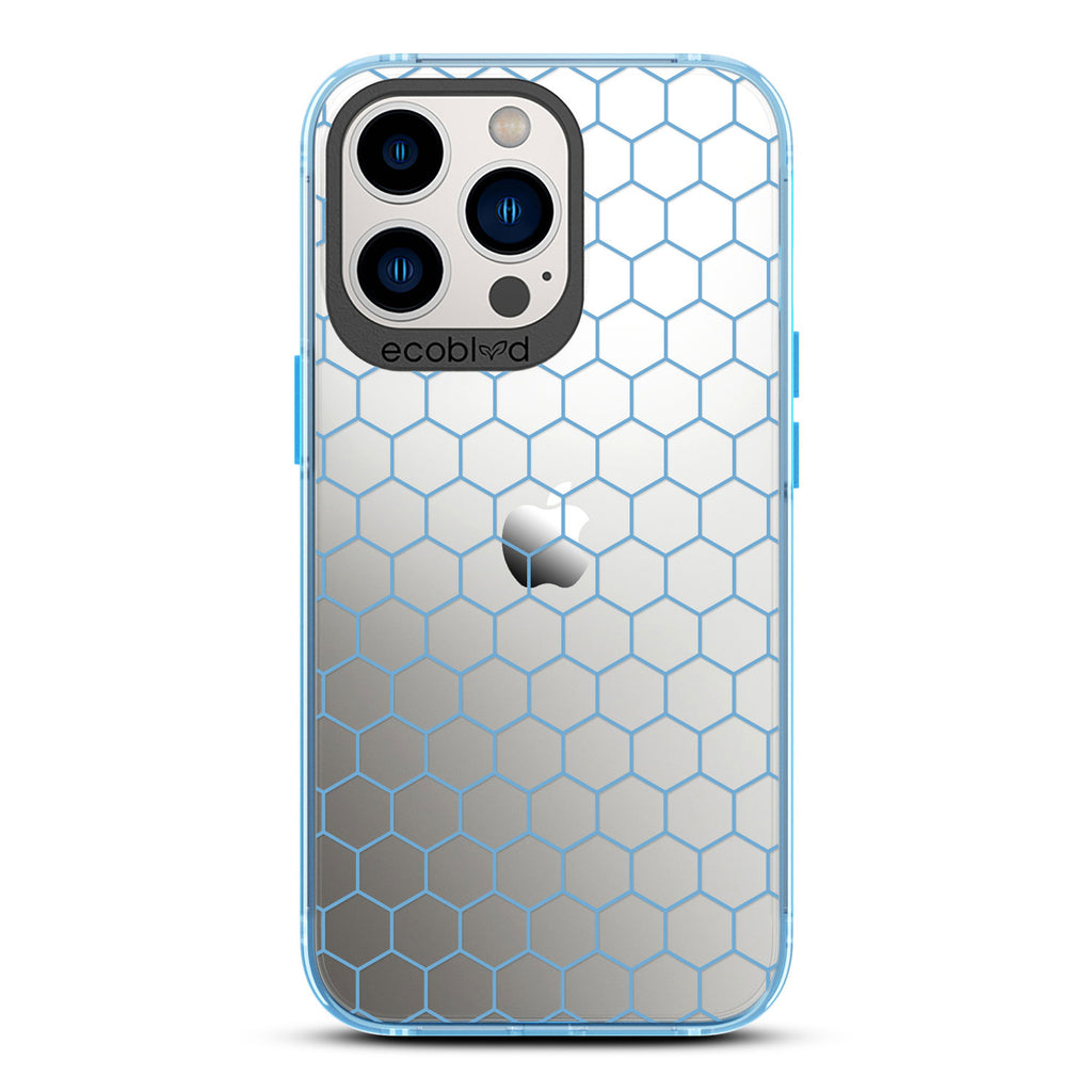 Laguna Collection - Blue Eco-Friendly iPhone 13 Pro Case With A Geometric Honeycomb Pattern On A Clear Back