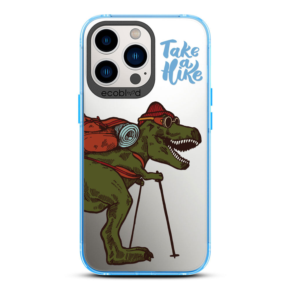 Laguna Collection - Blue iPhone 13 Pro Case With A Trail-Ready T-Rex And A Quote Saying Take A Hike On A Clear Back
