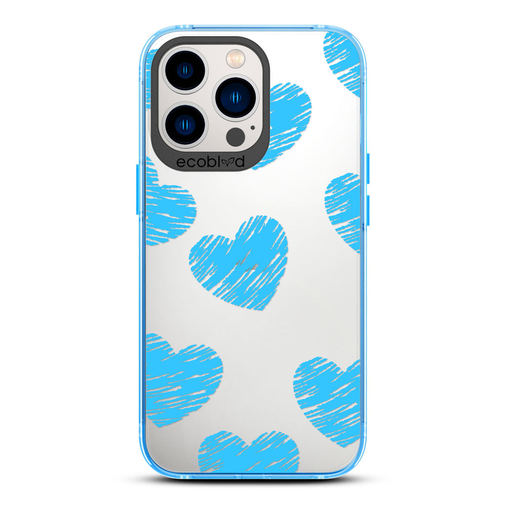 Love Collection - Blue Compostable iPhone 12/13 Pro Max Case - Blue Scribbled Hearts On A Clear Back