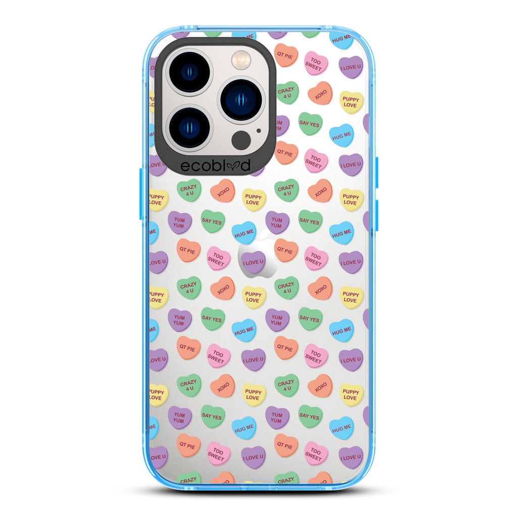 Love Collection - Blue Compostable iPhone 13 Pro  Case - Pastel Colored Candy Hearts With Romantic Quotes On Clear Back