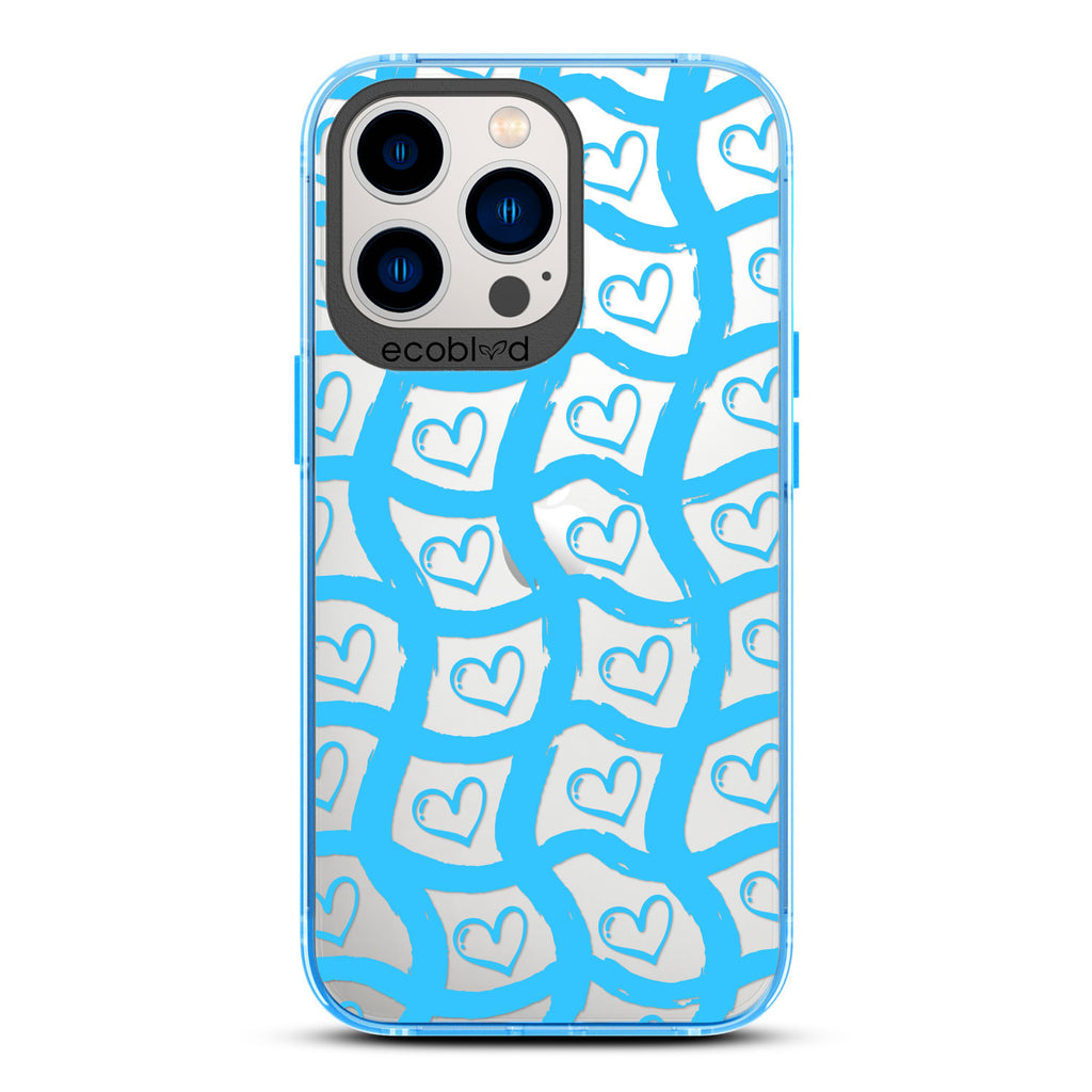 Love Collection - Blue Compostable iPhone 12/13 Pro Max Case - Wavy Paint Stroke Checker Print With Hearts On A Clear Back
