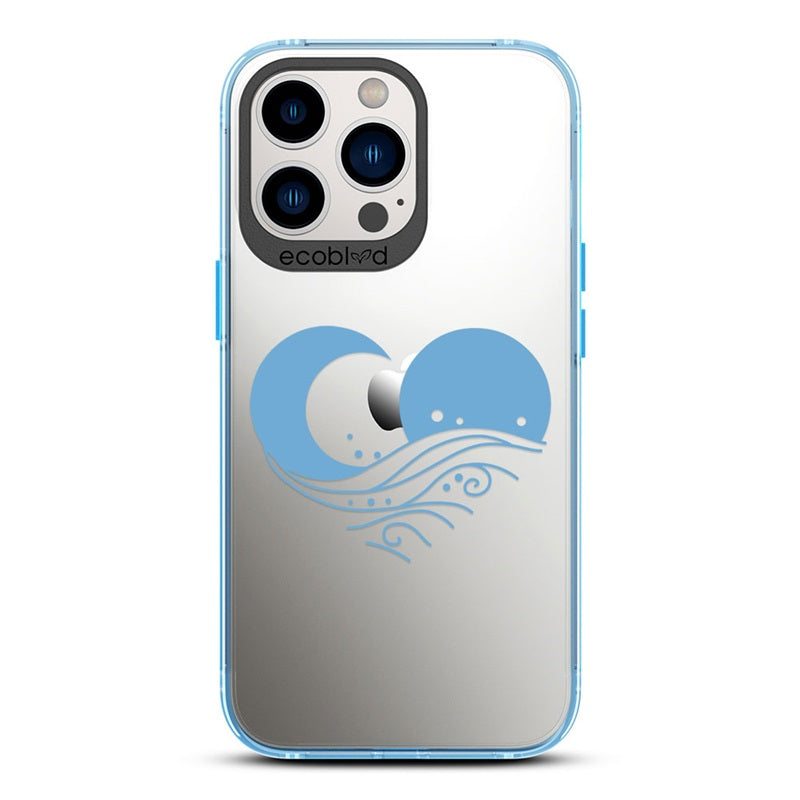 Laguna Collection - Blue Compostable iPhone 12 & 13 Pro Max Case With Sun, Moon & A Wave Forming A Heart On A Clear Back