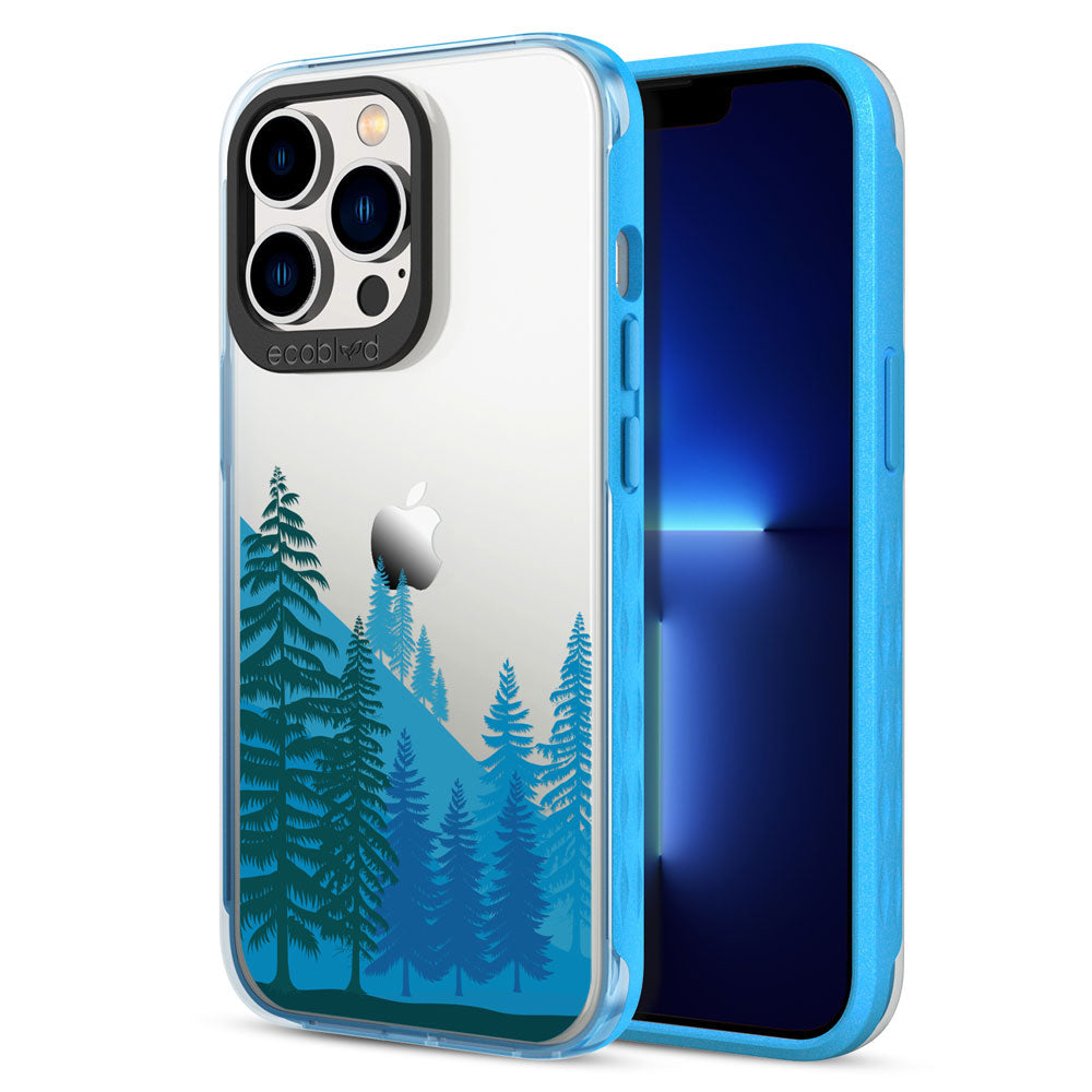 Back View Of Blue Compostable iPhone 12 & 13 Pro Max Laguna Case With Forest Design On A Clear Back & Front View Of Screen