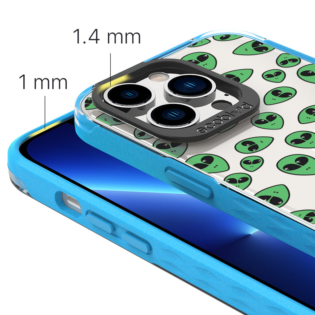 View Of 1.4mm Raised Camera Ring & 1mm Raised Edges On Blue iPhone 13 Pro Max / 12 Pro Laguna Case With The Aliens Design  