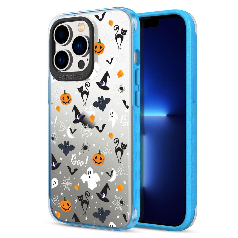 Back View Of Blue Laguna Halloween iPhone 13 Pro Max Case With The Trick R' Treat Ya Self Design & Front View Of The Screen