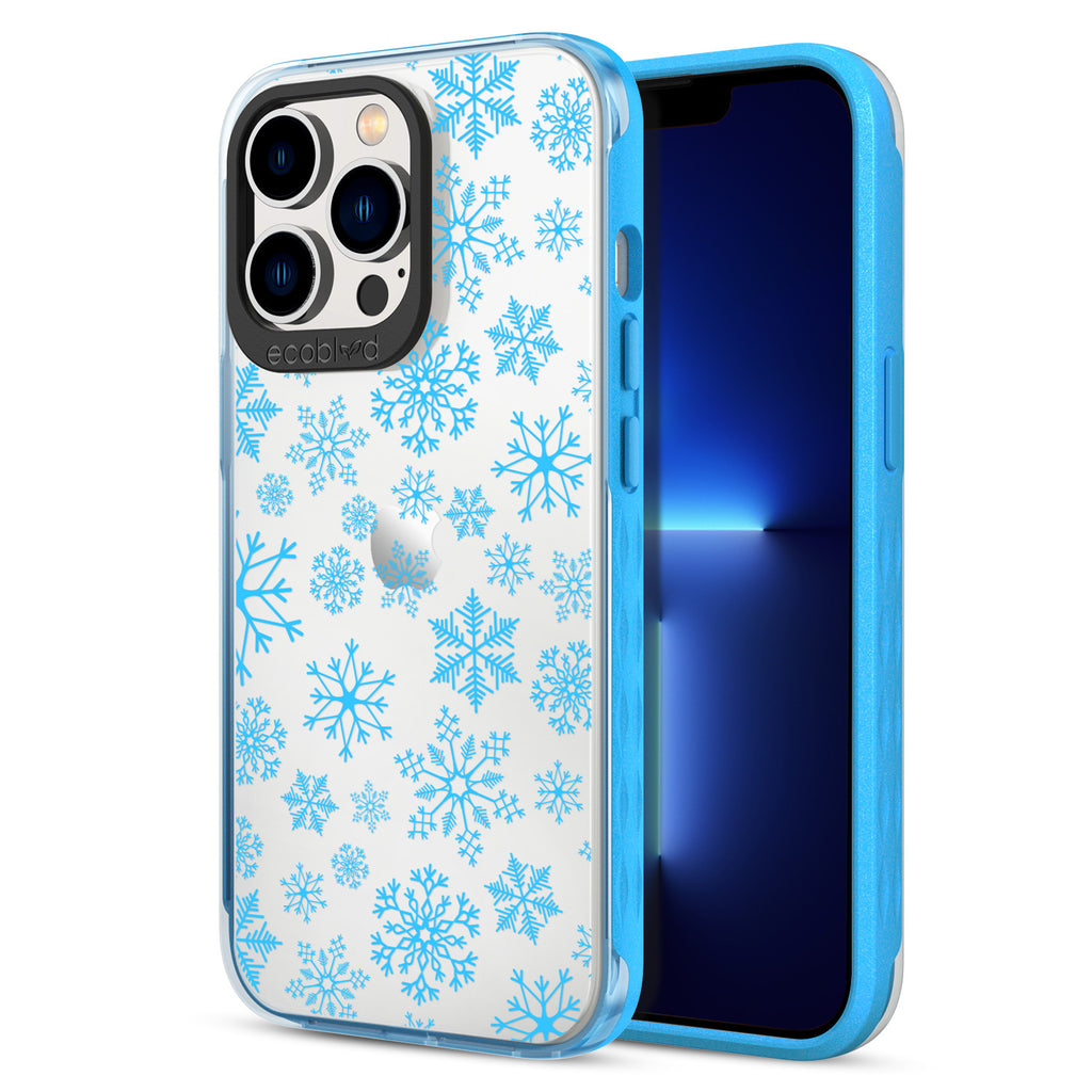 Back View Of Eco-Friendly Blue Phone 13 Pro Winter Laguna Case With The Let It Snow Design & Front View Of The Screen