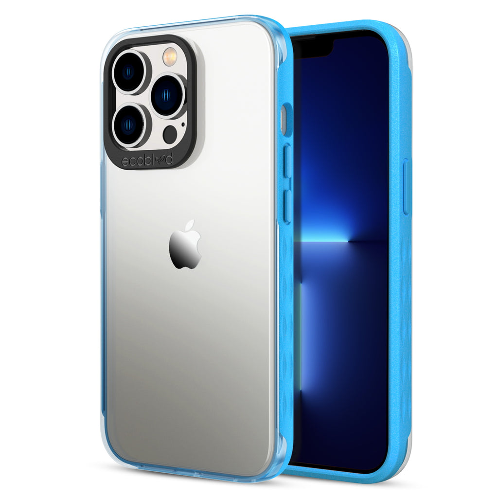 Back View Of Blue iPhone 13 Pro Max / 12 Pro Max Laguna Case And Frontal View Of Screen
