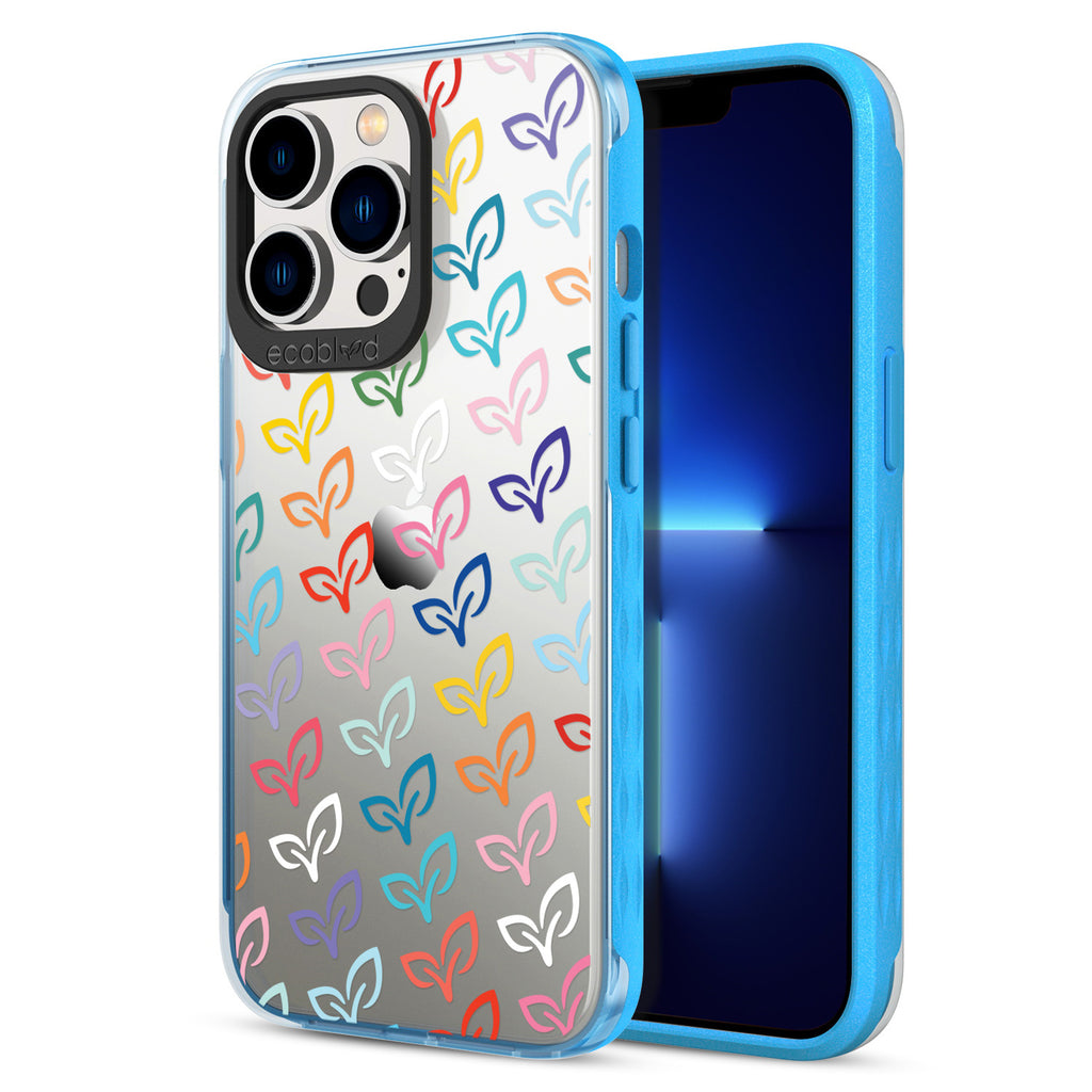 Back View Of Blue iPhone 13 Pro Laguna Case With The V-Leaf Monogram Print On A Clear Back And Frontal View Of The Screen