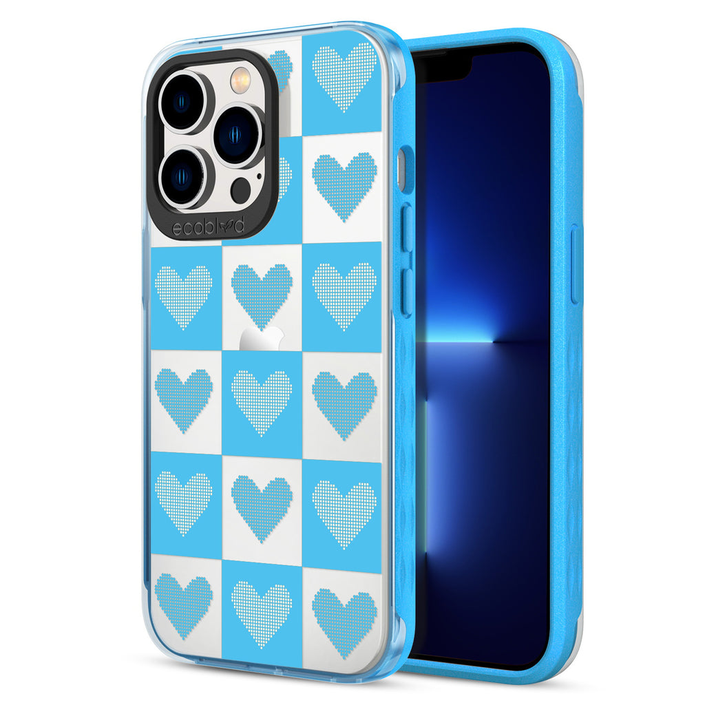 Back View Of Blue Eco-Friendly iPhone 13 Pro Clear Case With Qulity Pleasures Design & Front View Of Screen