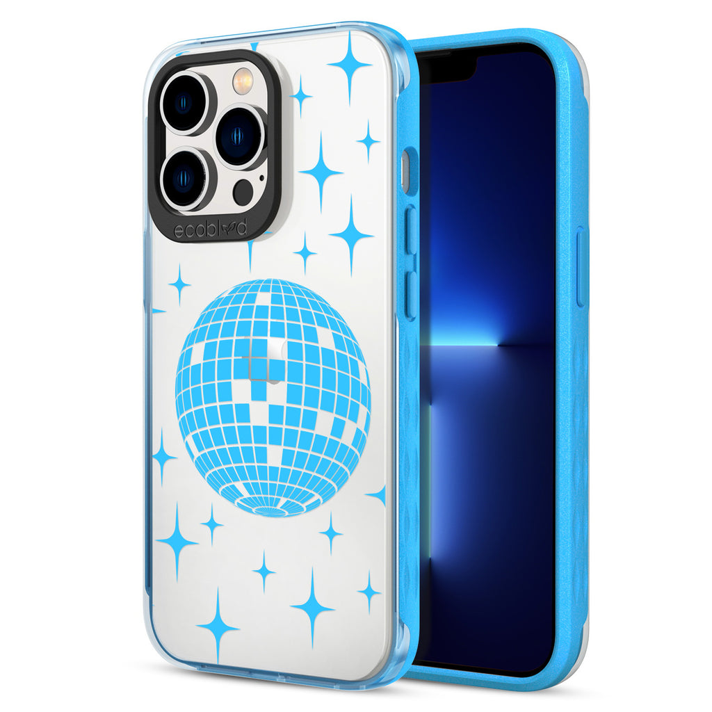 Back View Of Blue Compostable iPhone 13 Pro Clear Case With The Disco With The Flow Design & Front View Of Screen