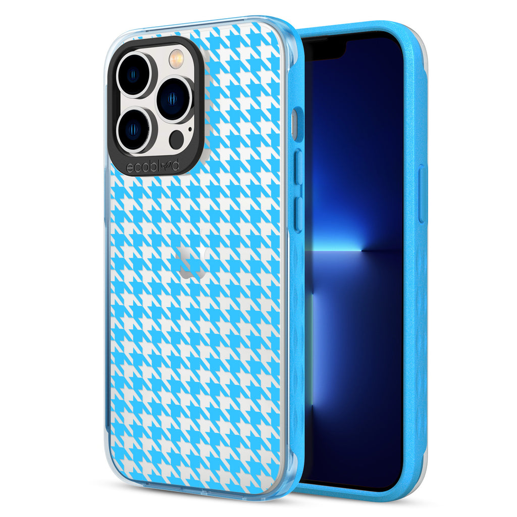 Back View Of Eco-Friendly Blue iPhone 12 & 13 Pro Max Timeless Laguna Case With Houndstooth Design & Front View Of Screen