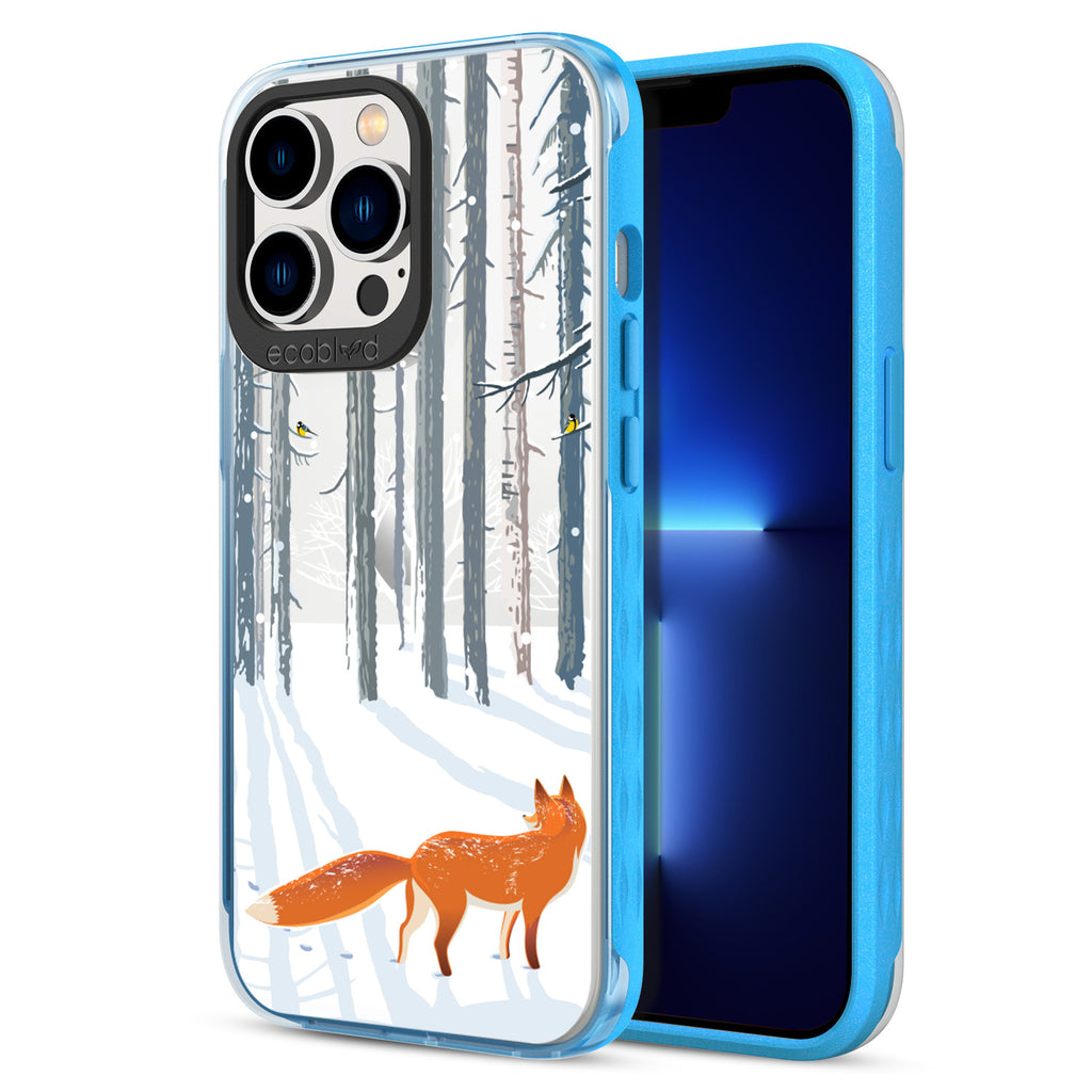 Back View Of Blue Eco-Friendly iPhone 12 & 13 Pro Max Clear Case With Fox Trot In The Snow Design & Front View Of Screen