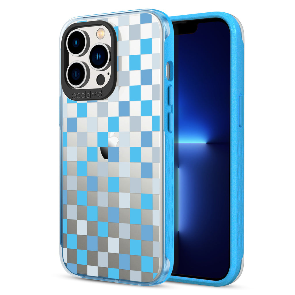 Back View Of The Blue iPhone 13 Pro Laguna Case With The Checkered Print Design On A Clear Back And Frontal View Of The Screen
