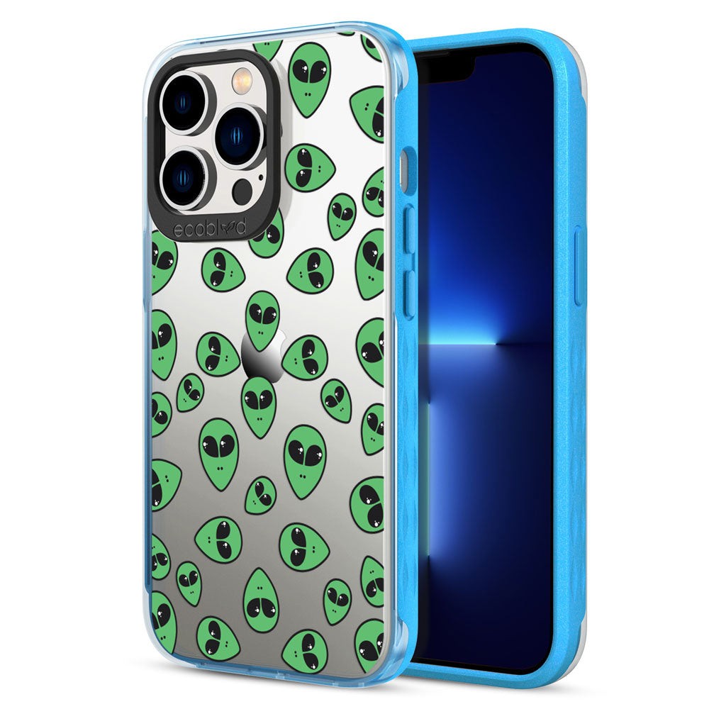 Back View Of Blue iPhone 13 Pro Max / 12 Pro Max Laguna Case With Yin Yang Design On Clear Back And Frontal View Of Screen