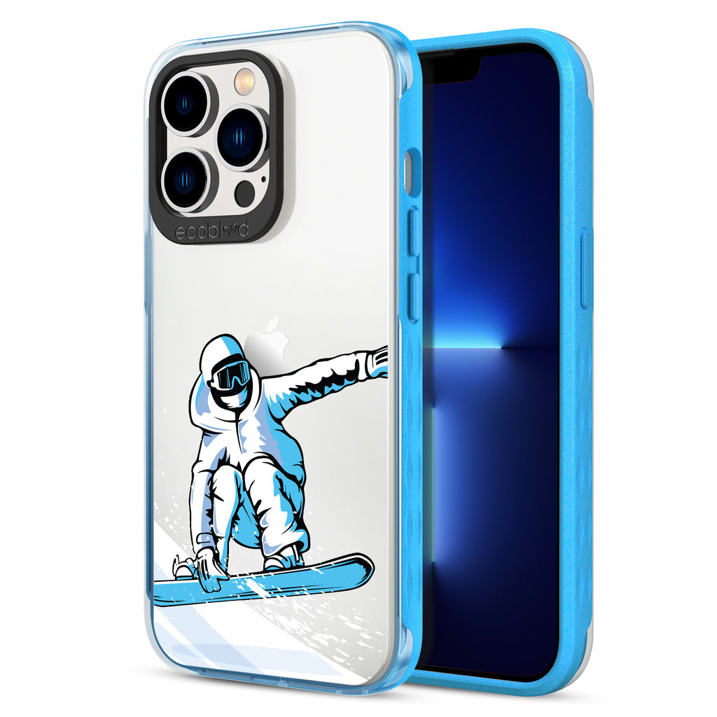 Back View Of Blue Compostable iPhone 12 & 13 Pro Max Clear Case With The Shreddin' The Gnar Design & Front View Of Screen