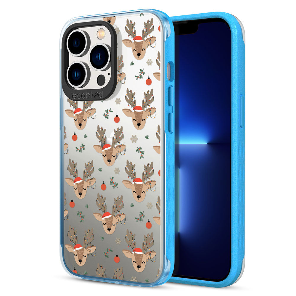 Back View Of Blue Compostable iPhone 13 Pro Winter Laguna Case With The Oh Deer Design & Front View Of The Screen