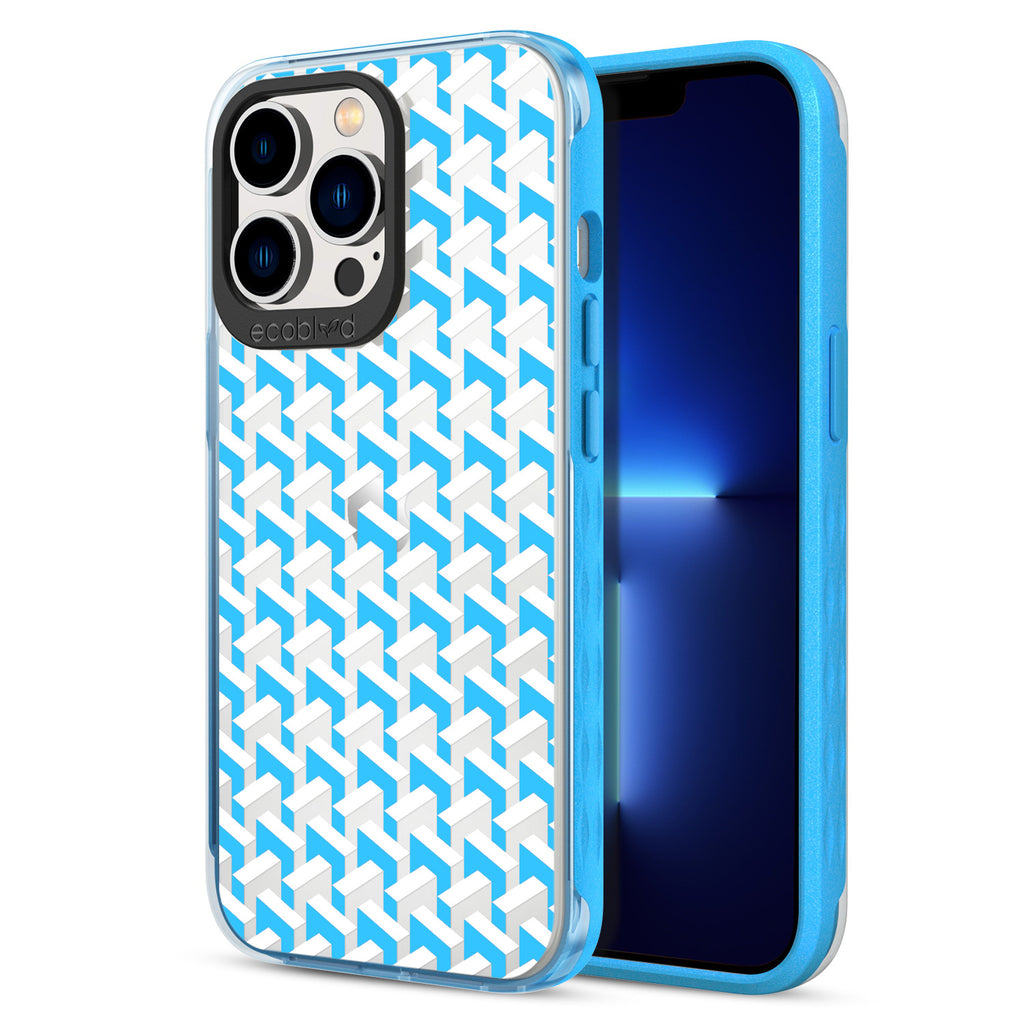 Back View Of Compostable Blue iPhone 13 Pro Timeless Laguna Case With The That's Haute Design & Front View Of The Screen