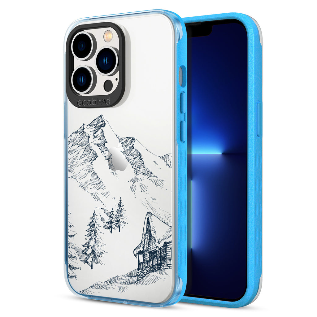 Back View Of Blue Eco-Friendly iPhone 12 & 13 Pro Max Clear Case With The Cabin Retreat Design & Front View Of Screen