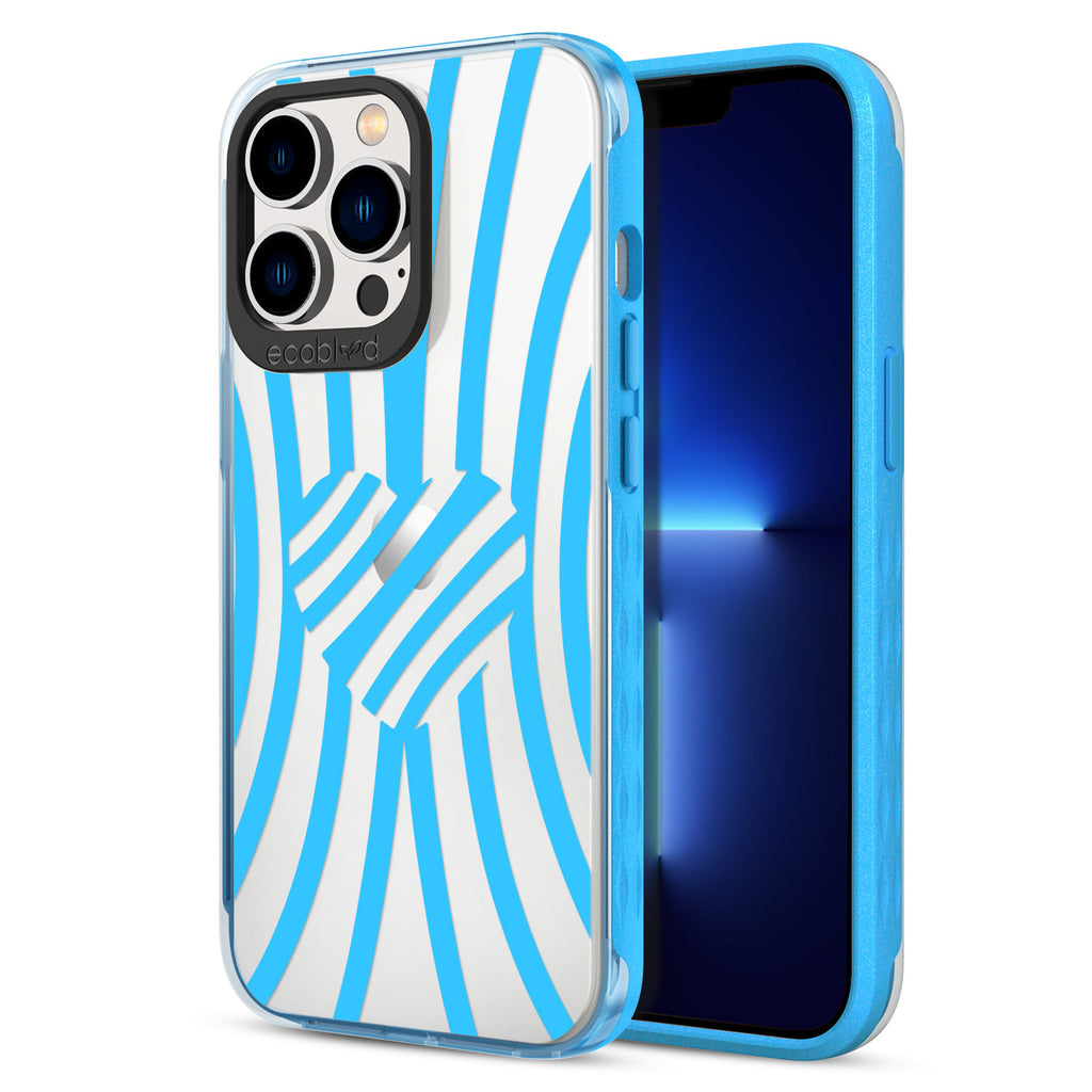 Back View Of Blue Eco-Friendly iPhone 13 Pro Clear Case With Swirl Of Emotion Design & Front View Of Screen