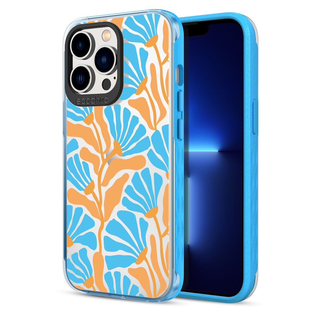 Back View Of Blue Eco-Friendly iPhone 13 Pro Clear Case With Floral Escape Design & Front View Of Screen