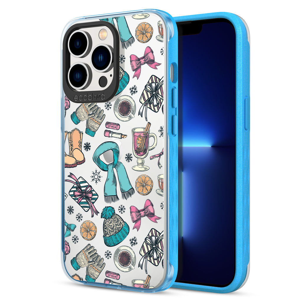 Back View Of Blue Eco-Friendly iPhone 13 Pro Clear Case With The Winter Essentials Design & Front View Of Screen