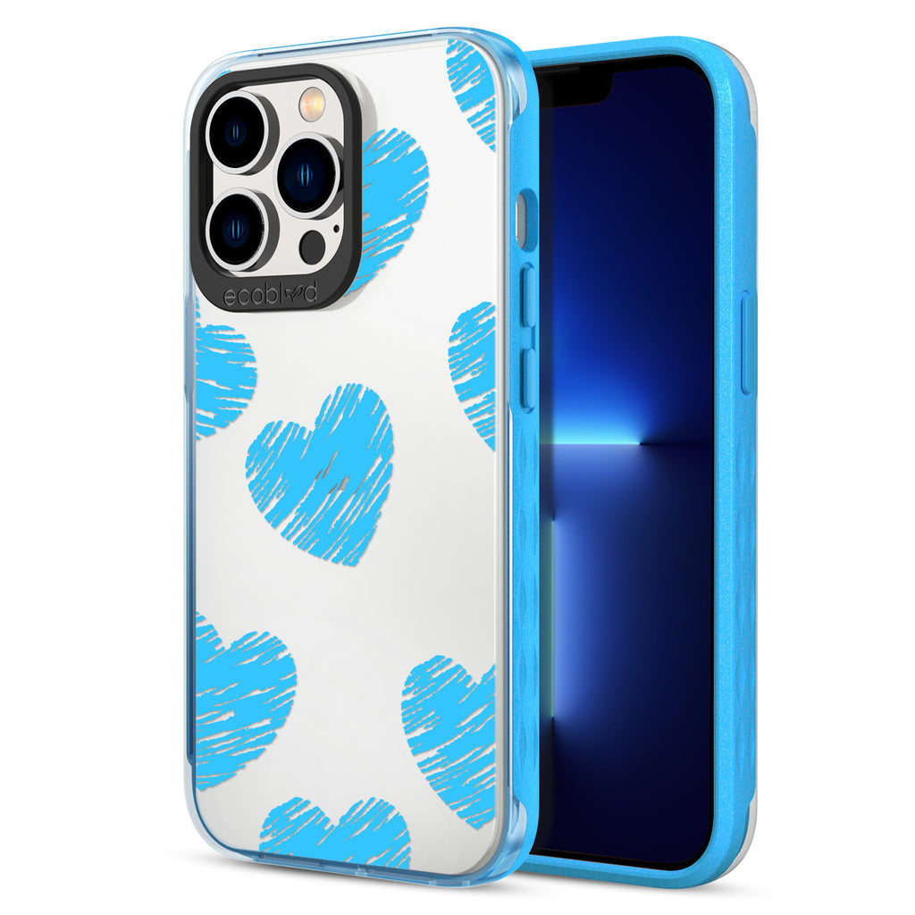 Back View Of Blue Eco-Friendly iPhone 13 Pro Clear Case With The Drawn To You Design & Front View Of Screen