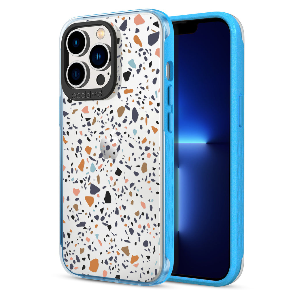 Back View Of Eco-Friendly Blue iPhone 13 Pro Timeless Laguna Case With Terrazzo Design & Front View Of Screen