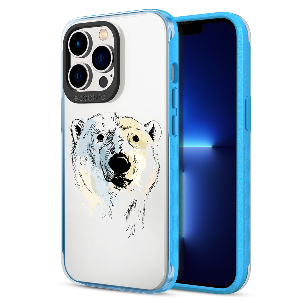 Back View Of Blue Eco-Friendly iPhone 13 Pro Clear Case With The Polar Bear Design & Front View Of Screen