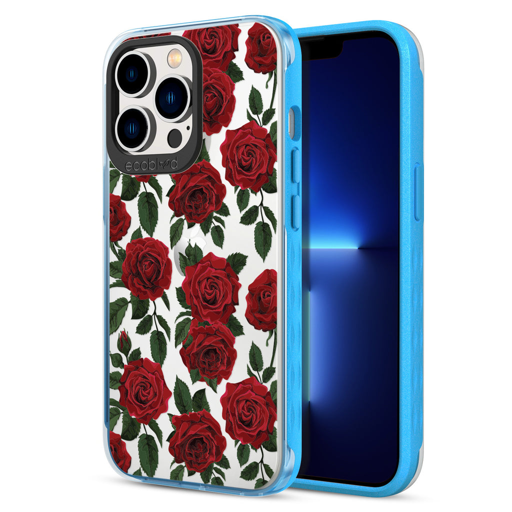 Back View Of Blue Eco-Friendly iPhone 13 Pro Clear Case With The Smell The Roses Design & Front View Of Screen