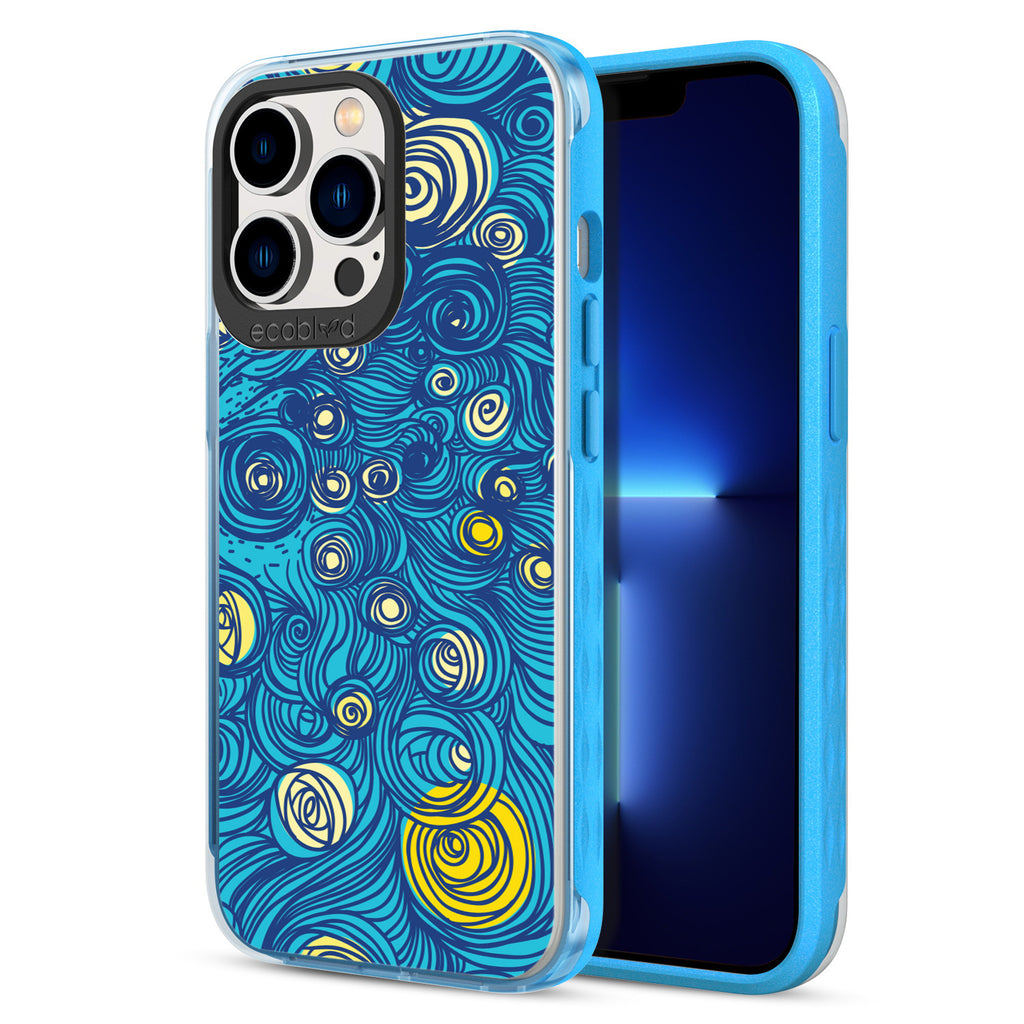 Back View Of Blue Eco-Friendly iPhone 13 Pro Clear Case With The Let It Gogh Design & Front View Of Screen
