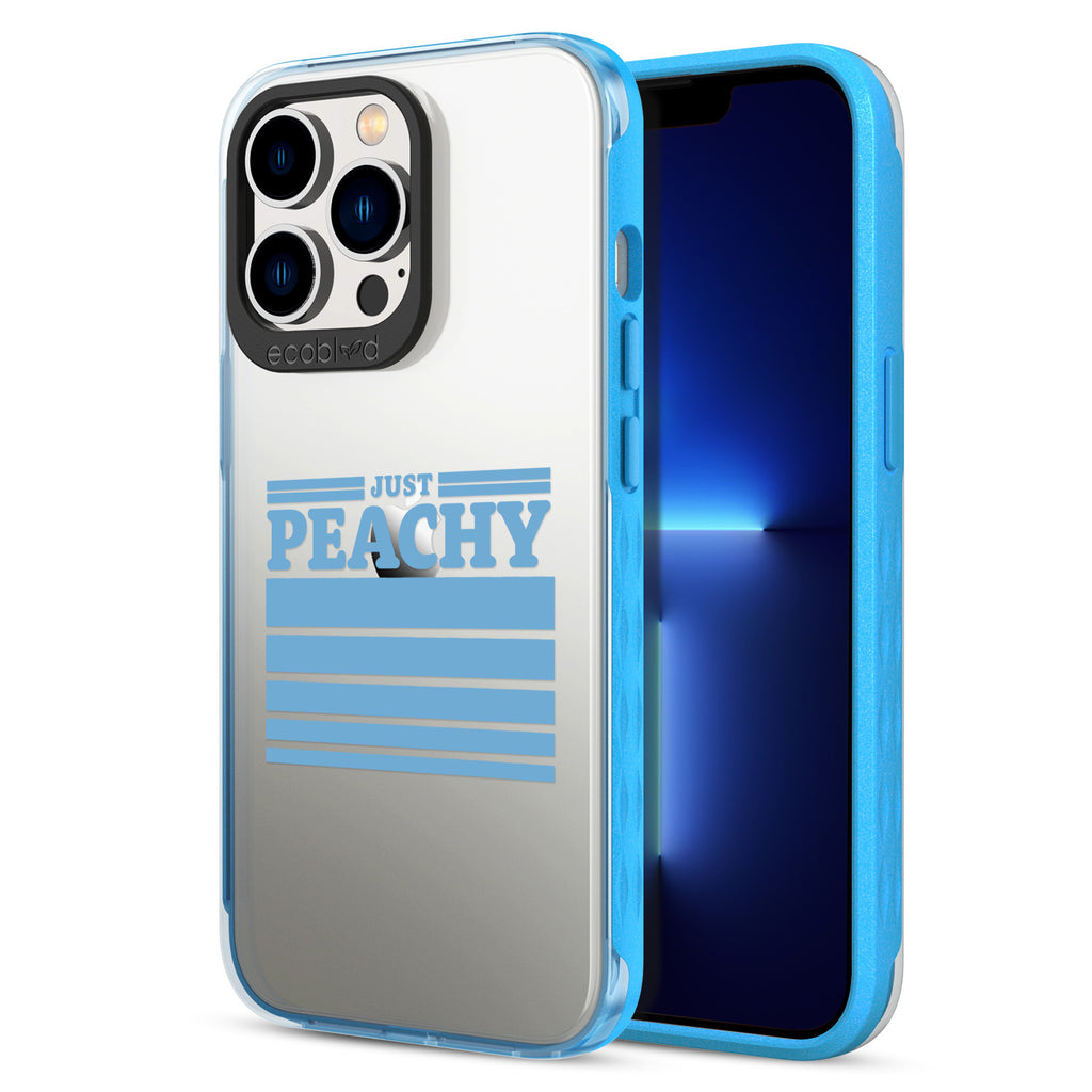 Back View Of The Blue Eco-Friendly iPhone 12 & 13 Pro Laguna Case With Just Peachy Design & Front View Of The Screen
