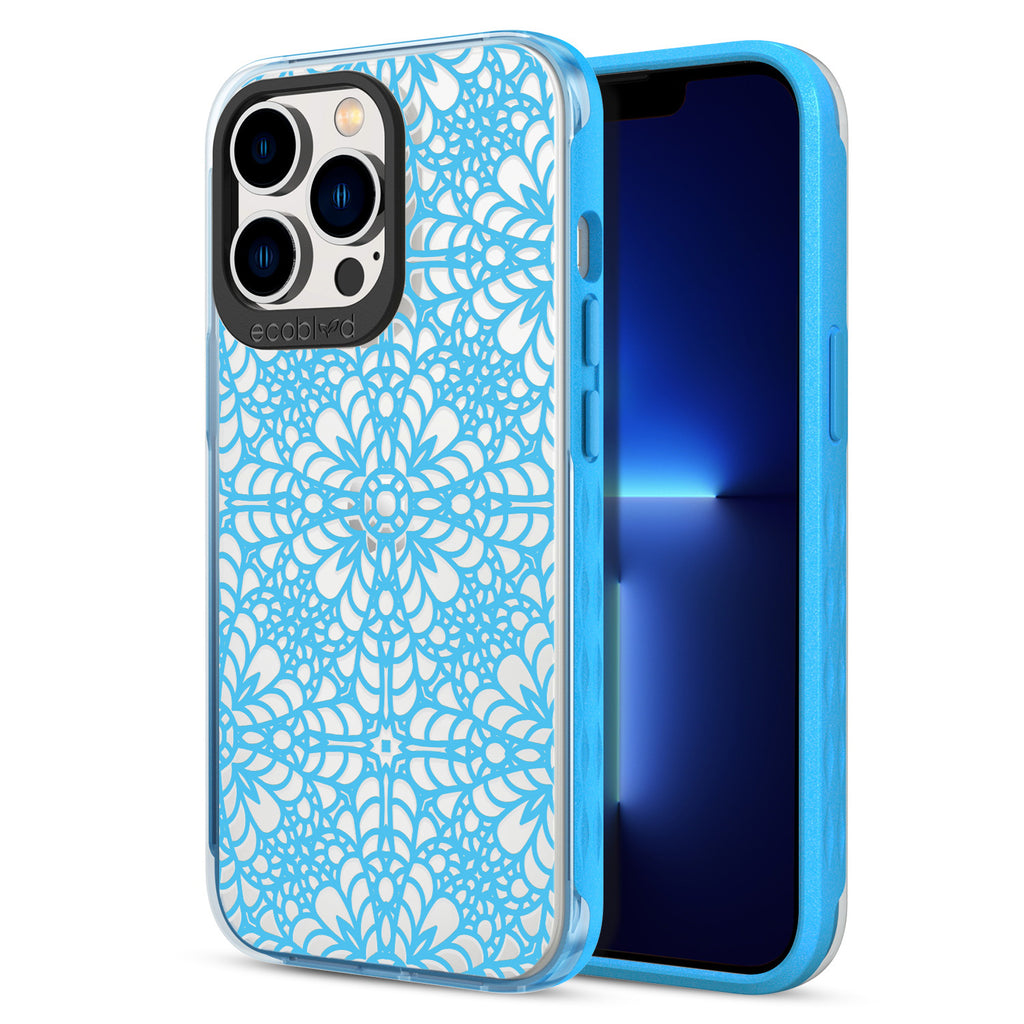 Back View Of Blue Eco-Friendly iPhone 13 Pro Clear Case With A Lil’ Dainty Design & Front View Of Screen