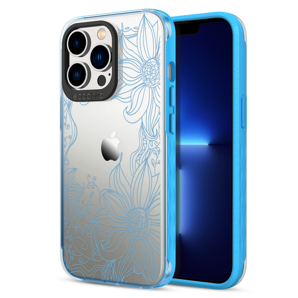 Back View Of Blue Compostable iPhone 13 Pro Laguna Case With The Flower Stencil Design & Front View Of The Screen