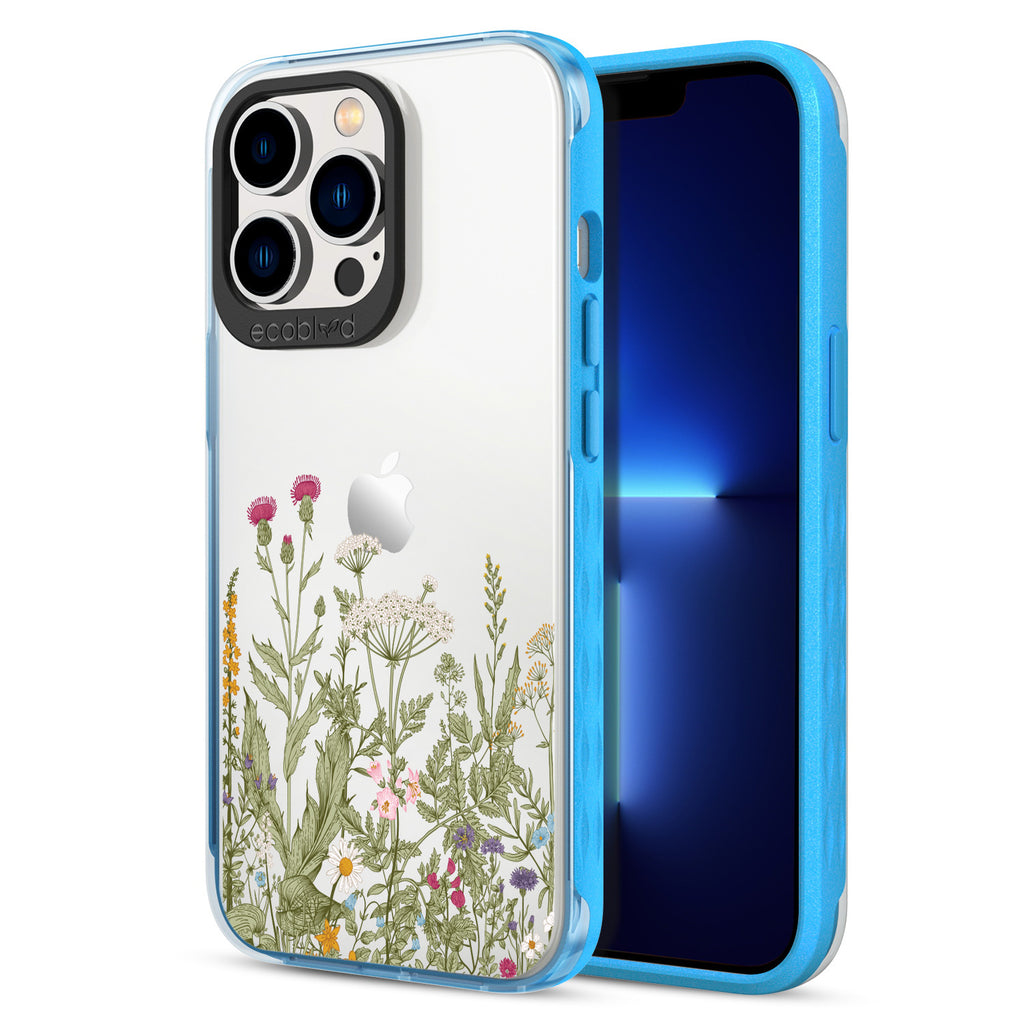 Back View Of Blue Eco-Friendly iPhone 13 Pro Clear Case With Take Root Design & Front View Of Screen